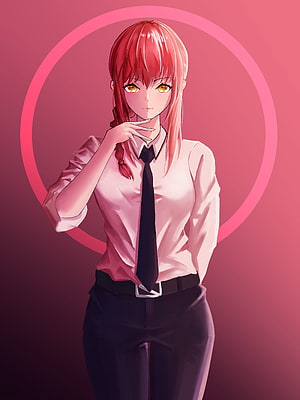 Makima from Chainsaw Man in a white shirt and black tie with red hair and golden eyes, makima chainsaw man, #Makima HD phone wallpaper