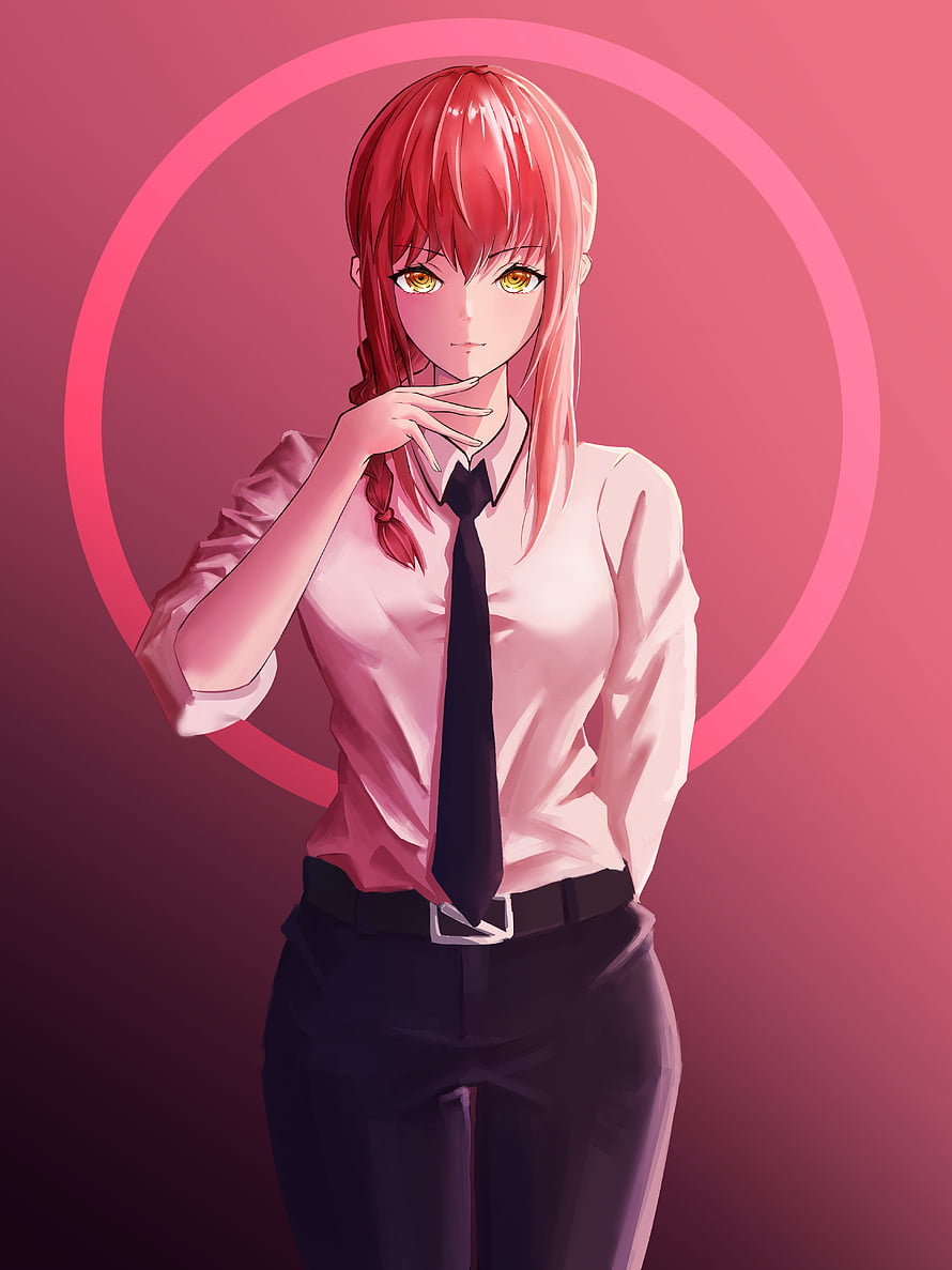 Makima from Chainsaw Man in a white shirt and black tie with red hair and golden eyes, makima chainsaw man, #Makima HD phone wallpaper