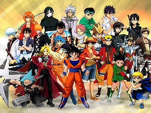 Group of Anime Characters Standing Together in Vibrant Stylized Illustration HD wallpaper