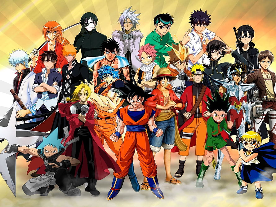 Group of Anime Characters Standing Together in Vibrant Stylized Illustration HD wallpaper