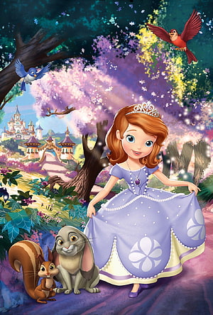 Sofia the First in Lavender Gown with Bunny and Squirrel in Enchanted Garden HD phone wallpaper