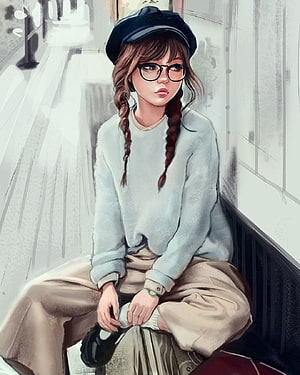 Illustration of a girl with glasses and braids wearing a beret and sweater sitting on a bench HD phone wallpaper