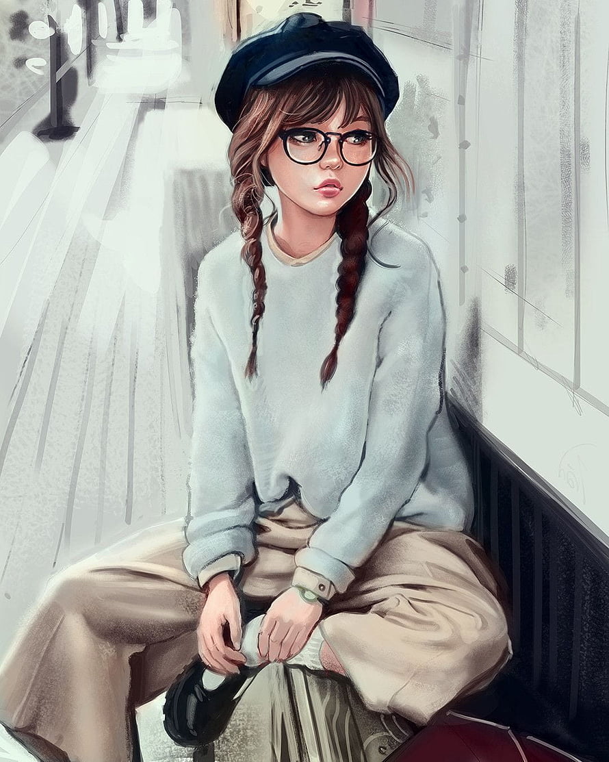 Illustration of a girl with glasses and braids wearing a beret and sweater sitting on a bench HD phone wallpaper