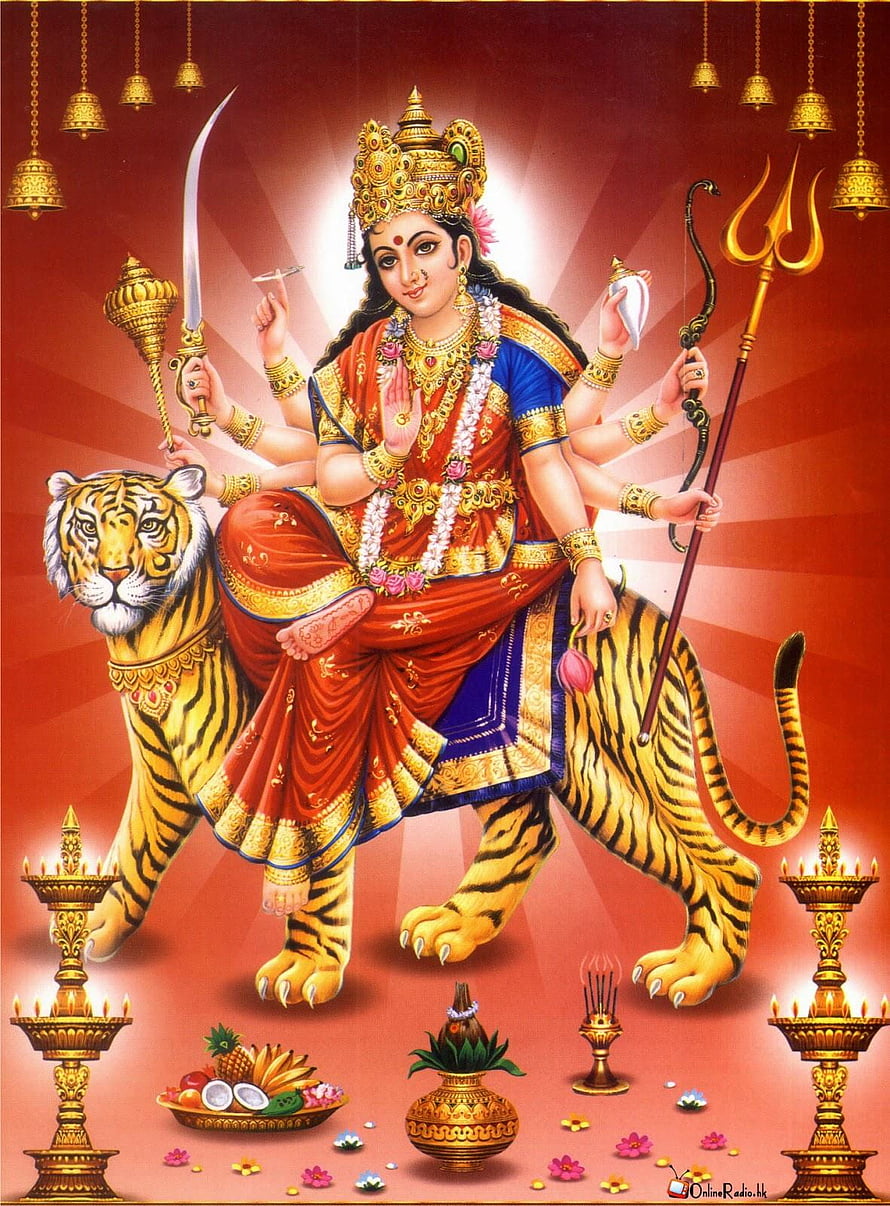 Goddess Durga Riding Tiger with Trishul and Sword Hindu Deity Art HD phone wallpaper