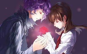 Anime Couple Sharing a Glowing Red Rose in a Romantic Embrace HD wallpaper