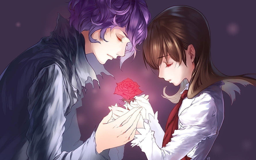 Anime Couple Sharing a Glowing Red Rose in a Romantic Embrace HD wallpaper