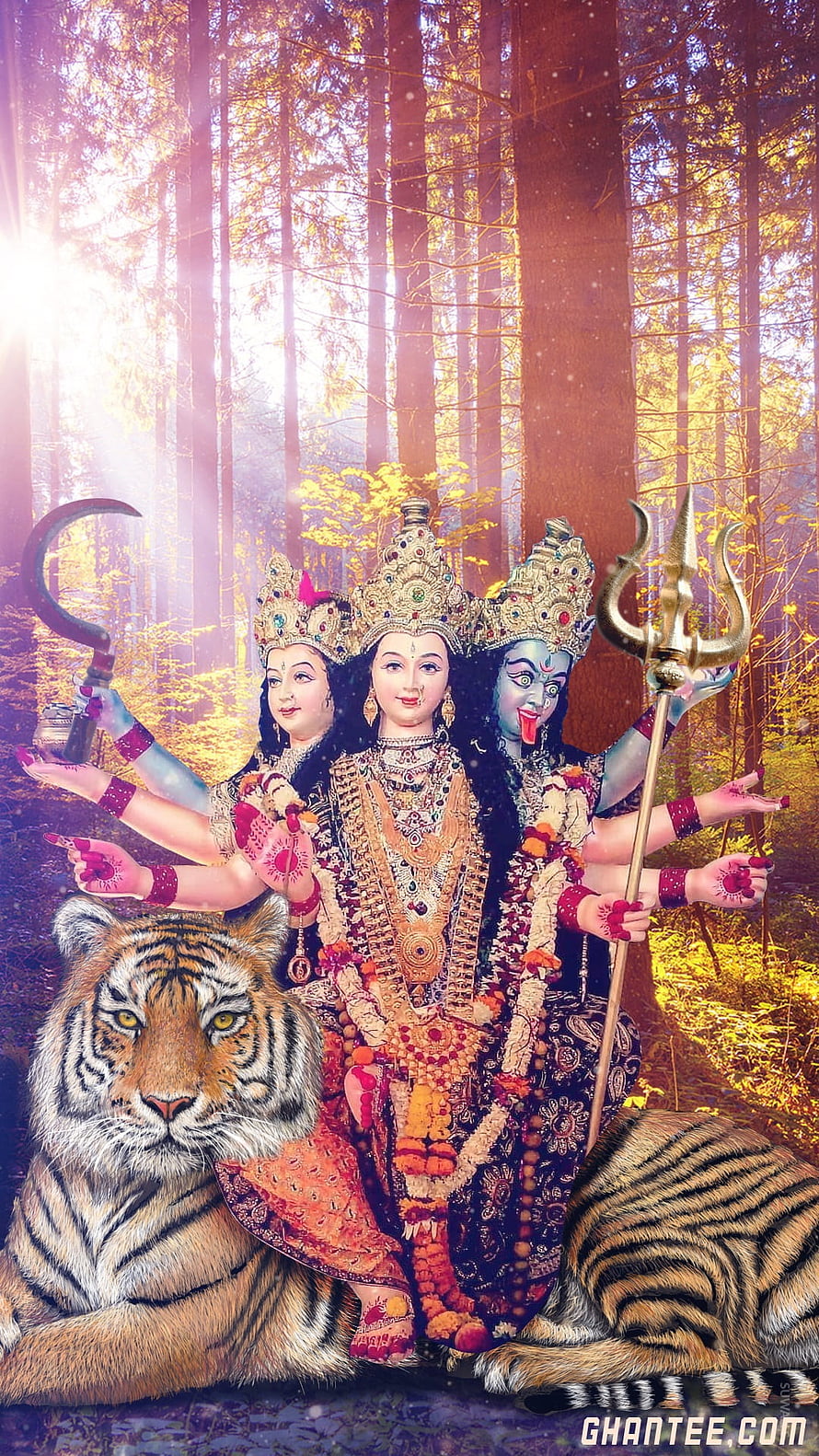 Hindu Trinity of Shiva, Parvati, and Kali Sitting on a Tiger in a Mystical Forest HD phone wallpaper