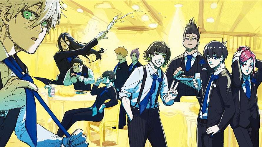 Mob Psycho 100 characters in formal suits at a lively banquet celebration HD wallpaper
