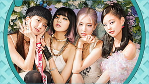 Blackpink Group Portrait Wallpaper With Floral Background And Teal Frame HD wallpaper
