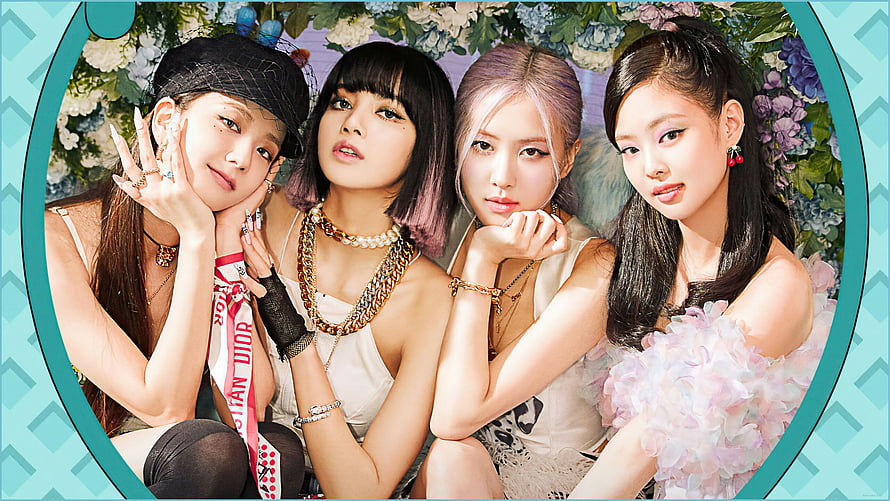 Blackpink Group Portrait Wallpaper With Floral Background And Teal Frame HD wallpaper