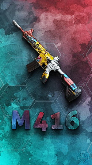 PUBG Mobile M416 Rifle with Vibrant Multicolor Camouflage Skin on Hexagonal Background HD phone wallpaper