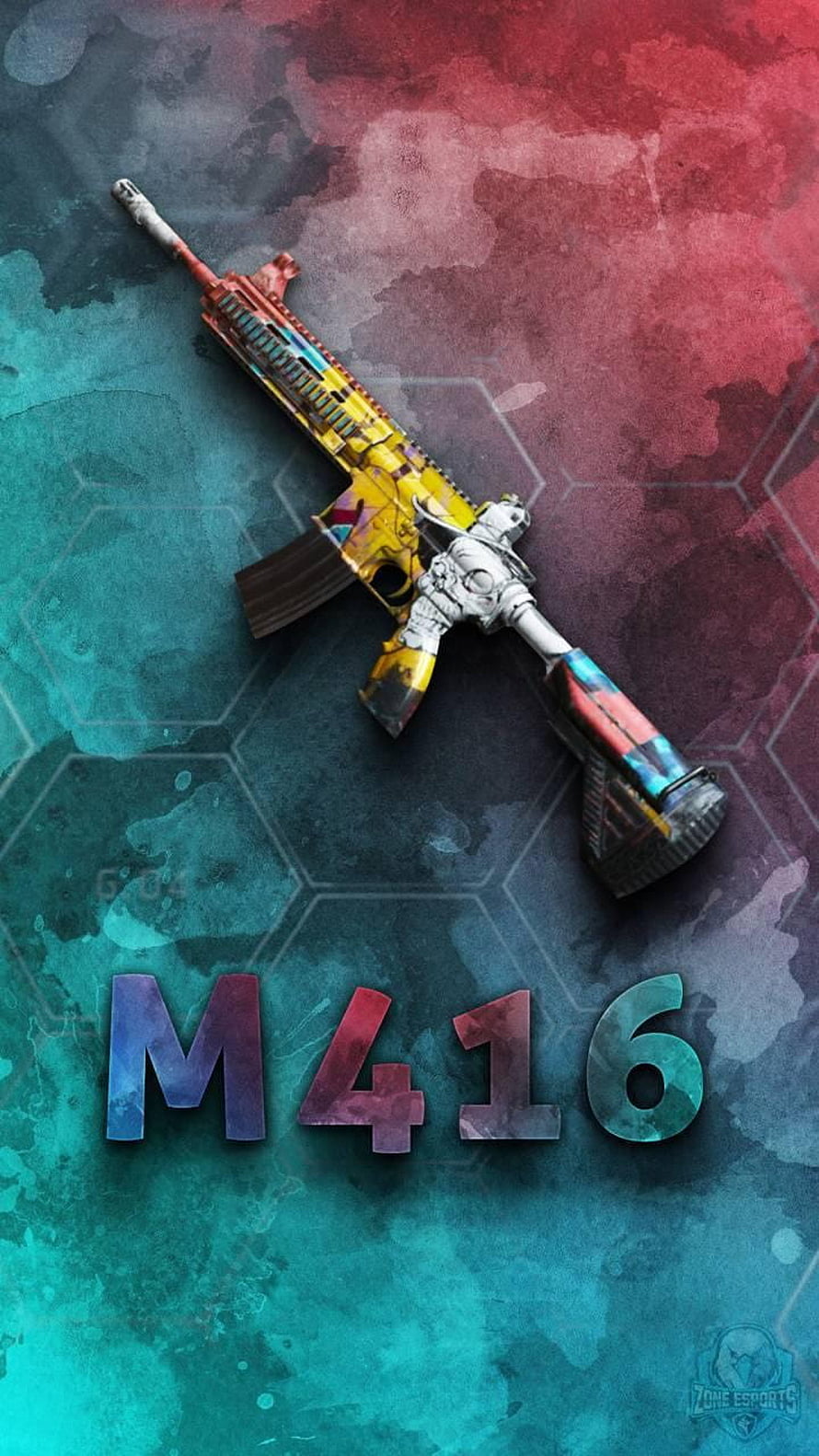 PUBG Mobile M416 Rifle with Vibrant Multicolor Camouflage Skin on Hexagonal Background HD phone wallpaper
