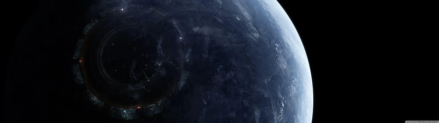 Massive Ringed Space Station Orbiting a Dark Blue Planet in Deep Space HD wallpaper