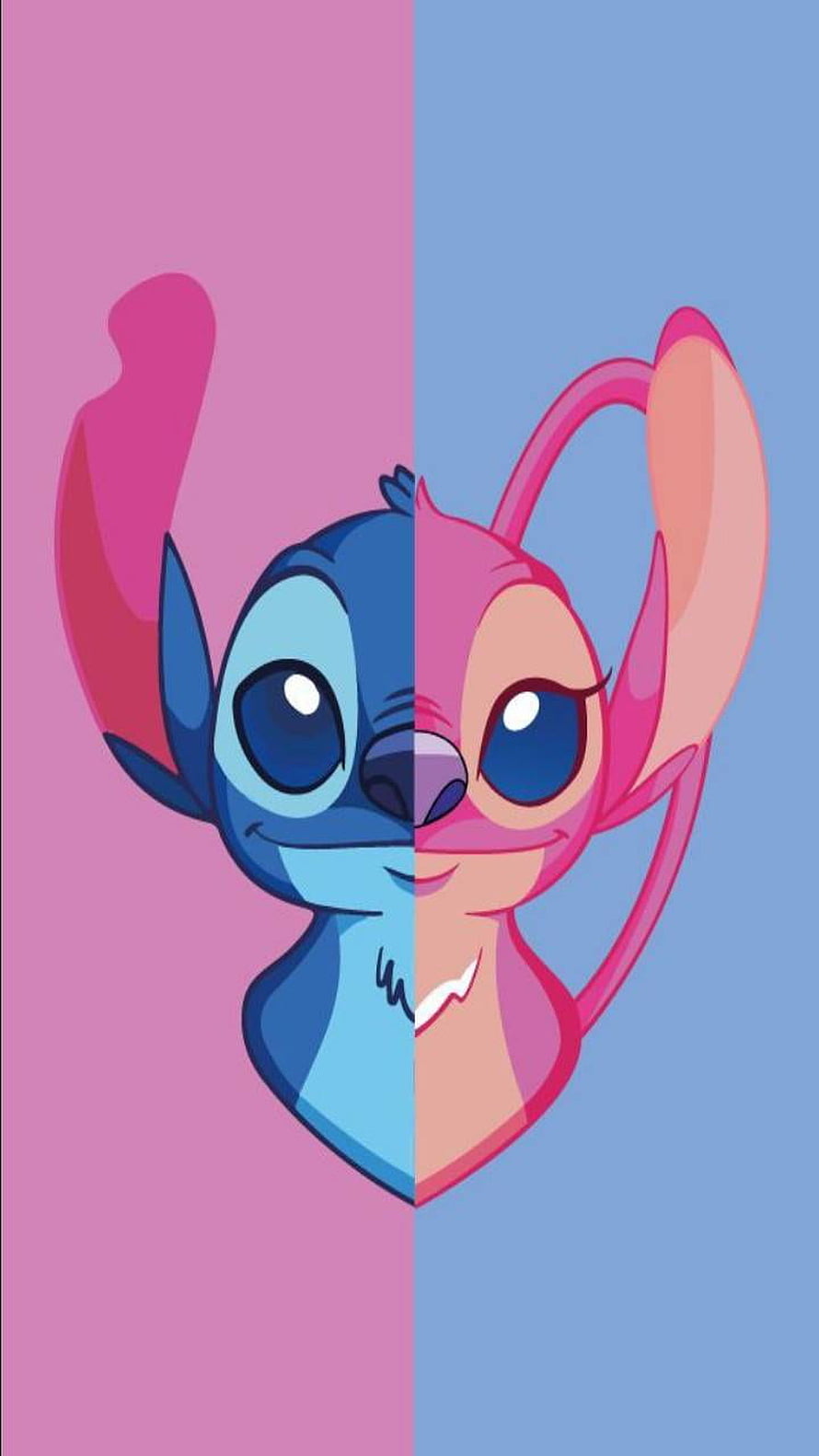 Stitch and Angel Split Face Artwork with Pink and Blue Background HD phone wallpaper