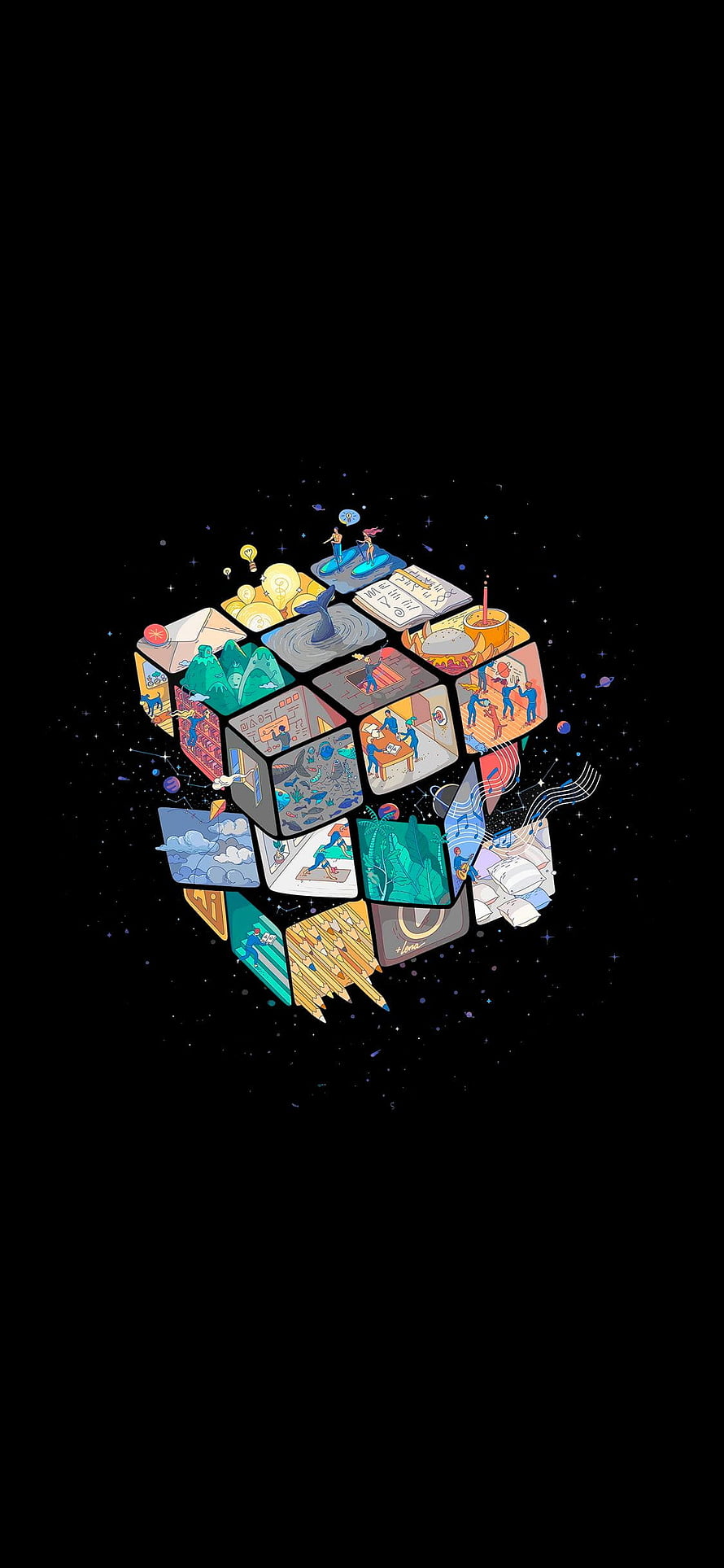 Colorful Isometric Cube Illustration With Diverse Scenes And Activities Floating In Space HD phone wallpaper