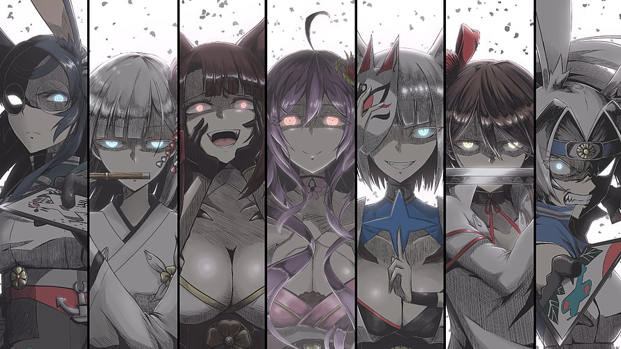 Azur Lane Character Lineup with Glowing Eyes in Dark Anime Style HD wallpaper