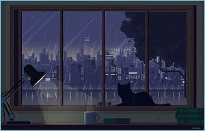 Pixel Art Cat Watching Rainy City Night From Window With Lamp And Books HD wallpaper
