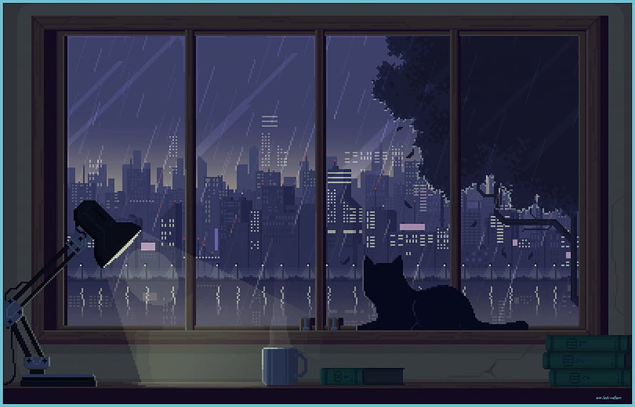 Pixel Art Cat Watching Rainy City Night From Window With Lamp And Books HD wallpaper