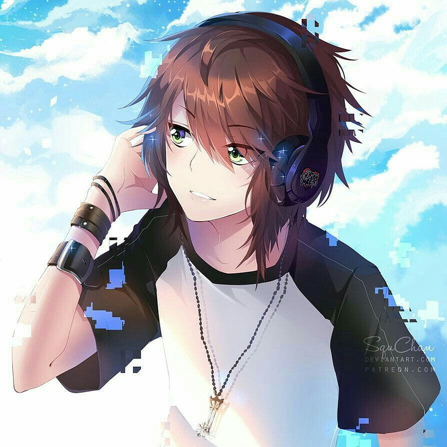 Anime Boy With Headphones And Cross Necklace Against Blue Sky HD phone wallpaper