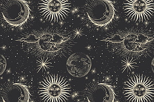 Vintage Celestial Pattern With Anthropomorphic Sun And Moon Faces On Dark Background HD wallpaper