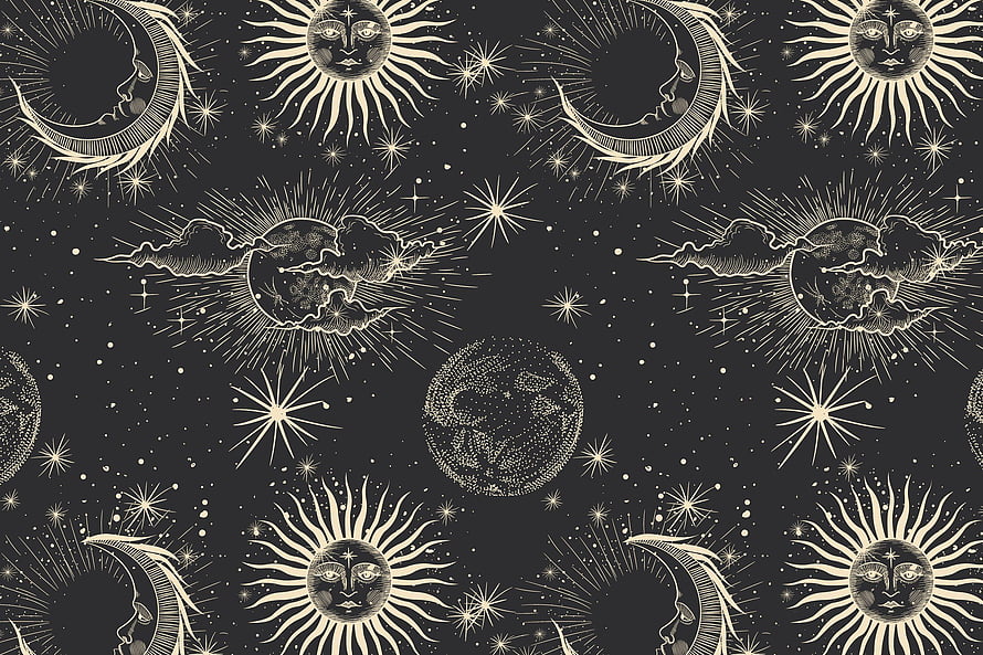 Vintage Celestial Pattern With Anthropomorphic Sun And Moon Faces On Dark Background HD wallpaper