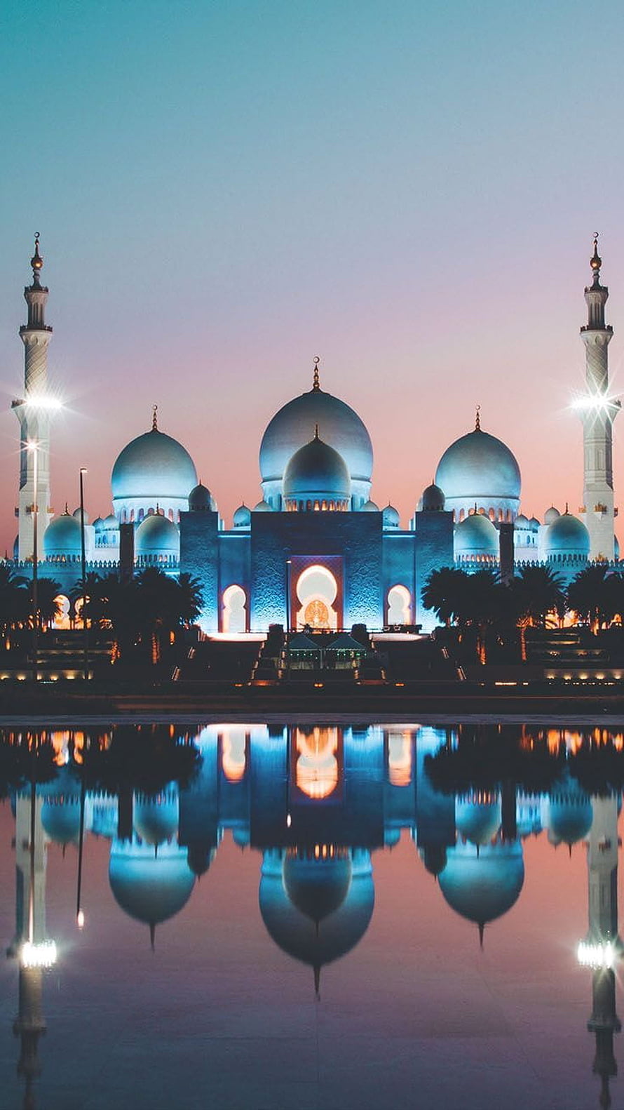 Sheikh Zayed Grand Mosque at Dusk with Perfect Water Reflection HD phone wallpaper