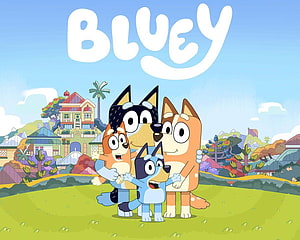 Bluey Heeler Family Group Hug in Front of House HD wallpaper