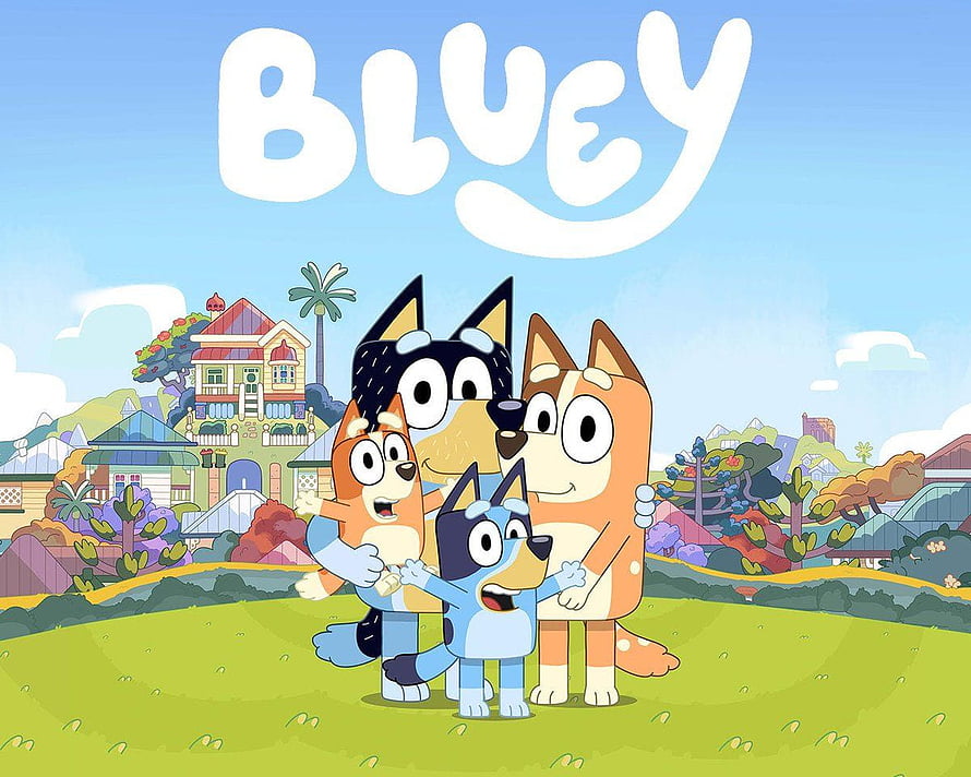 Bluey Heeler Family Group Hug in Front of House HD wallpaper