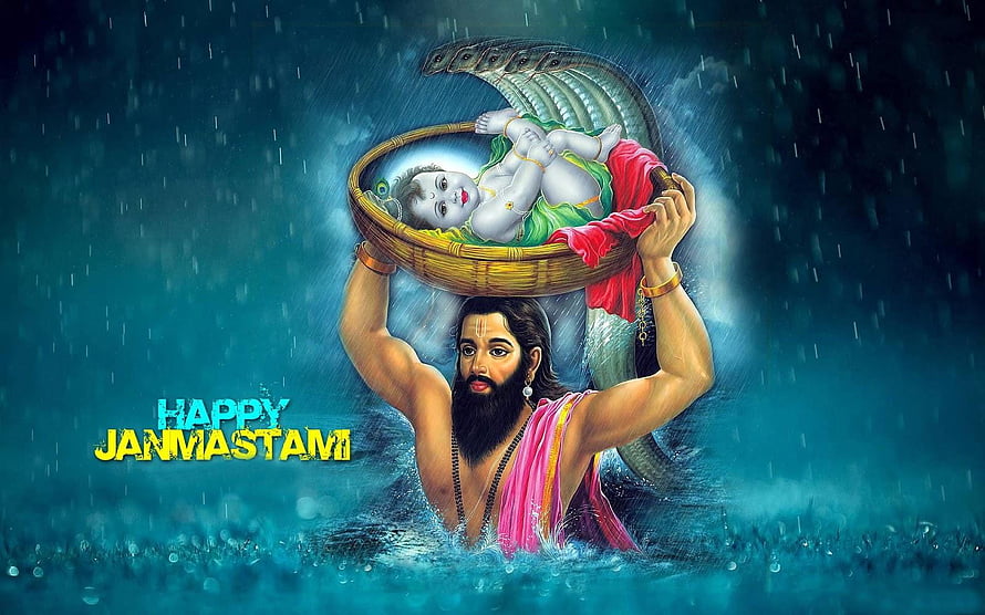 Krishna Janmashtami Festival Artwork with Baby Krishna in Basket and Serpent HD wallpaper