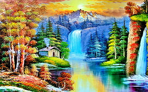 Vibrant Autumn Mountain Landscape with Waterfall and Cabin HD wallpaper