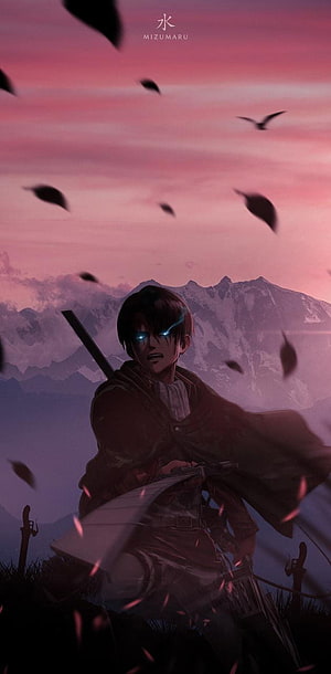 Levi Ackerman anime character with glowing eyes and sword against a dramatic pink sunset sky, Levi Ackerman by Mizumaru, #mizumaru HD phone wallpaper