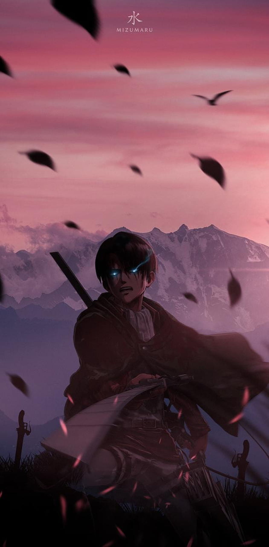 Levi Ackerman anime character with glowing eyes and sword against a dramatic pink sunset sky, Levi Ackerman by Mizumaru, #mizumaru HD phone wallpaper
