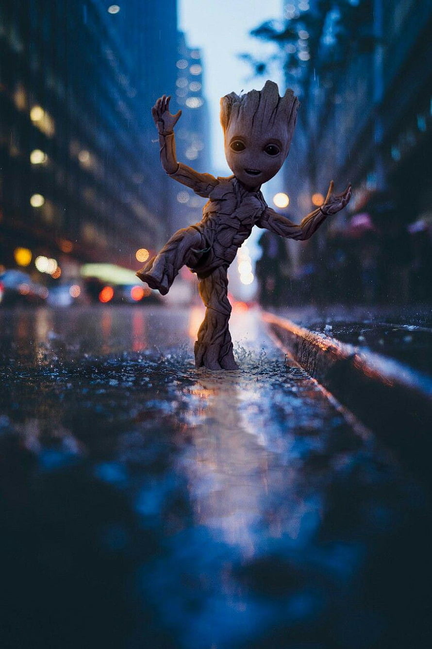 Baby Groot Dancing in Rainy City Street at Night HD phone wallpaper