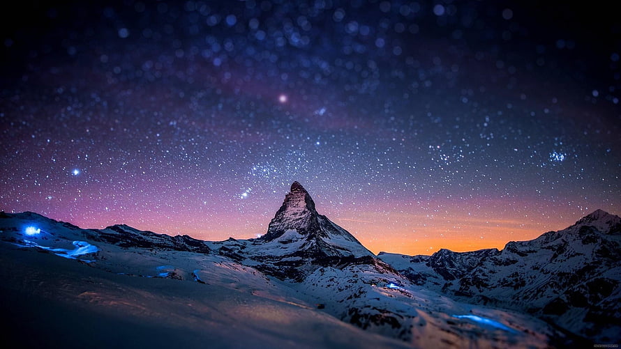 Matterhorn Peak Under a Starry Night Sky with Aurora and Snowy Alpine Landscape HD wallpaper
