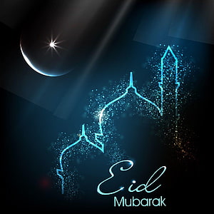 Eid Mubarak Greeting Card with Glowing Mosque Silhouette and Crescent Moon HD phone wallpaper
