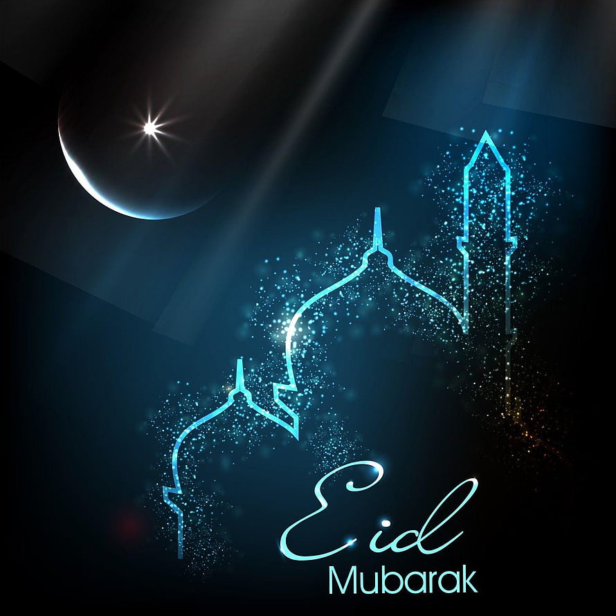 Eid Mubarak Greeting Card with Glowing Mosque Silhouette and Crescent Moon HD phone wallpaper