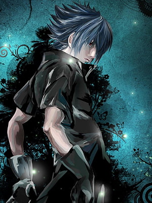 Anime Male Character With Spiky Blue Hair And Red Eyes In Dark Shirt HD phone wallpaper
