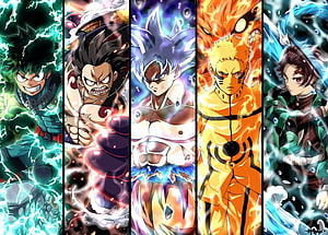 Anime Heroes Collage Featuring Deku, Luffy, Goku, Naruto, and Tanjiro in Action Poses HD wallpaper