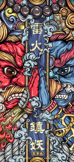 Vibrant Japanese Demon Illustration with Traditional Calligraphy and Ornate Patterns HD phone wallpaper