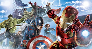 Avengers Assemble Team-Up Featuring Iron Man, Captain America, Hulk, Thor, Black Widow, Hawkeye, and Vision HD wallpaper