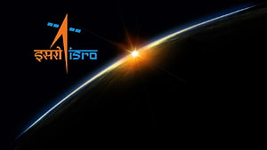 ISRO Logo Against Earth Horizon With Sunrise Glow in Deep Space HD wallpaper