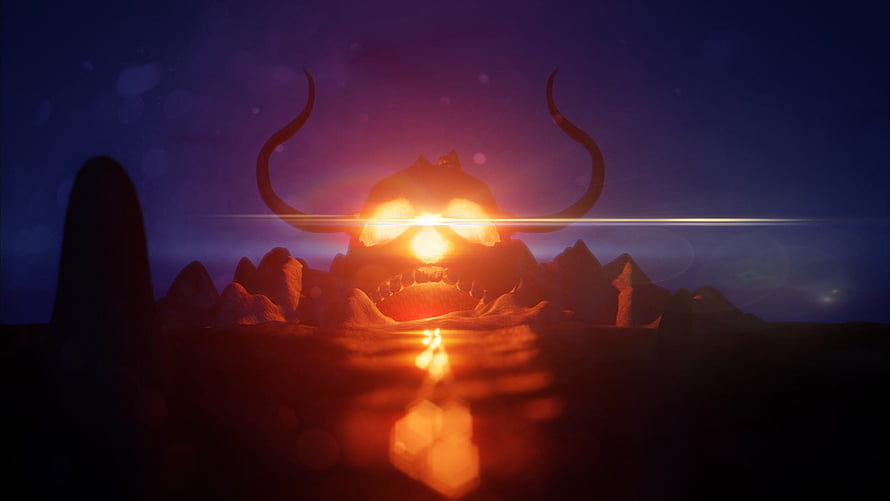 One Piece Onigashima Island with Glowing Skull and Horns at Dusk HD wallpaper
