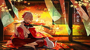 Kaedehara Kazuha Playing Flute in Autumn Setting with White Cat HD wallpaper