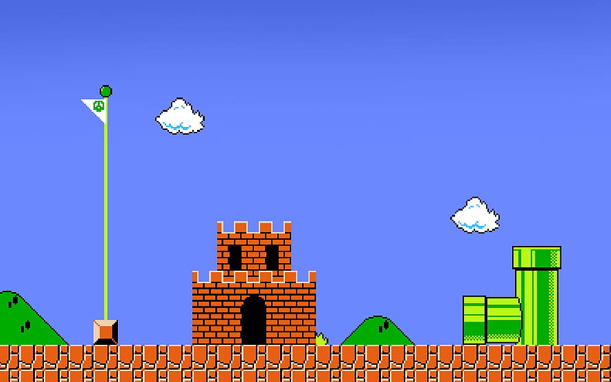 Classic Super Mario Bros Level 1-1 Castle and Flagpole Pixel Art Scene HD wallpaper