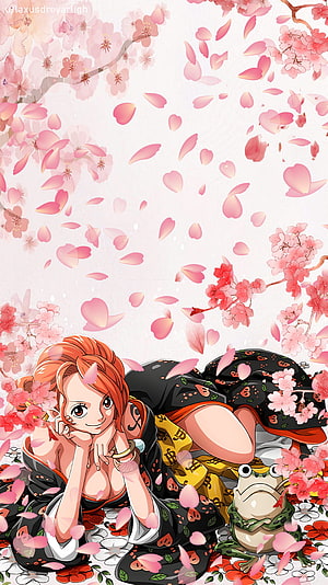 Nami from One Piece in a black kimono surrounded by falling cherry blossom petals and a small frog HD phone wallpaper