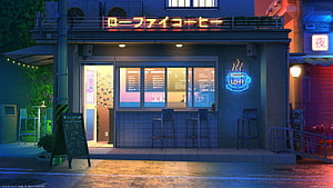 Cozy Lo-Fi Coffee Shop at Night with Neon Sign and Rainy Street Atmosphere HD wallpaper