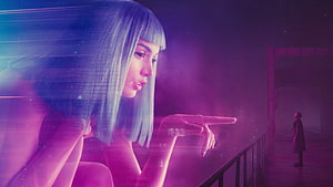Giant Anime Girl With Blue Hair Pointing At Tiny Man In Neon Purple City, 2560x1440 Blade Runner 2049 Movie Joi and K 1440P Resolution , Movies , and Backgrounds HD wallpaper