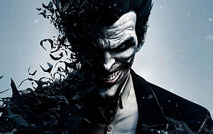 Joker Dissolving Into Dark Shards Against a Pale Sky HD wallpaper