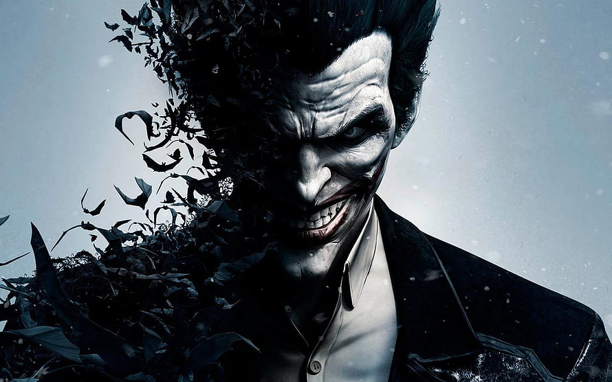 Joker Dissolving Into Dark Shards Against a Pale Sky HD wallpaper