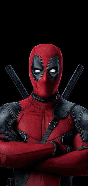 Deadpool in Red and Black Suit with Crossed Swords on Black Background HD phone wallpaper